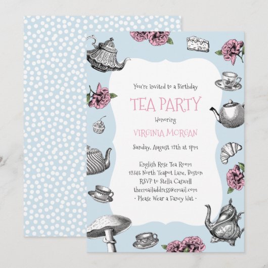  Tea Party Birthday Baby Blue Kaart (Voorkant / Achterkant)