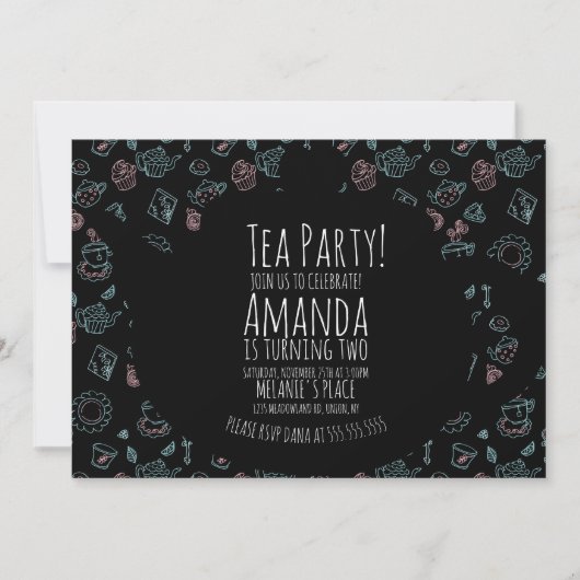 Tea Party Birthday Doodle Background nodiging Kaart (Voorkant)