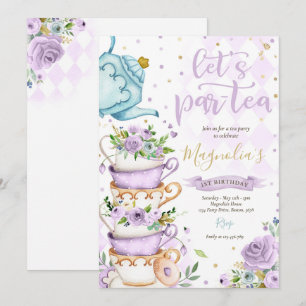 Tea Party Birthday Girl Paars Gold Floral Par-tea Kaart
