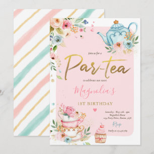 Tea Party Birthday Girl Pink & Gold Floral Par-tea Kaart