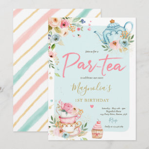 Tea Party Birthday Girl Pink & Gold Floral Par-tea Kaart