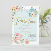 Tea Party Birthday Girl Pink & Gold Floral Par-tea Kaart (Staand voorkant)