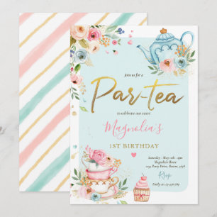 Tea Party Birthday Girl Pink & Gold Floral Par-tea Kaart