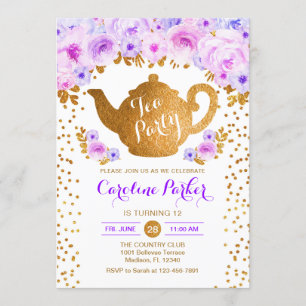 Tea Party Birthday - Gold White Paars Kaart