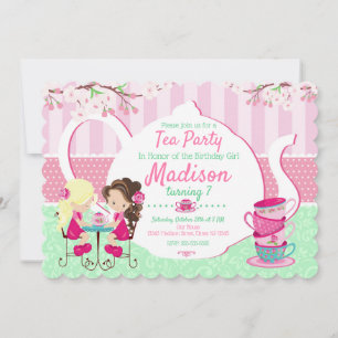 Tea Party Birthday Invitation / Girl / Roze Blauwg Kaart