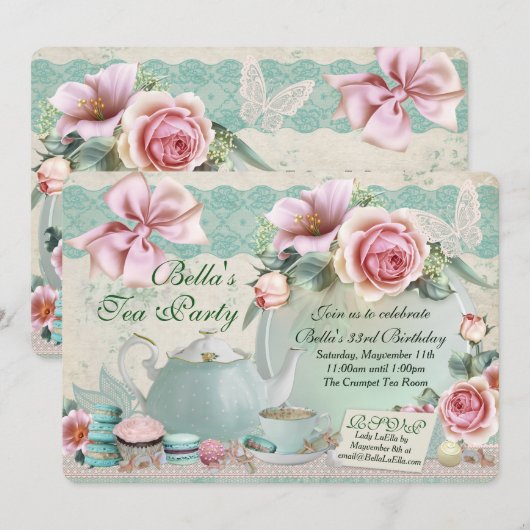 Tea Party Birthday Invitations Kaart (Voorkant / Achterkant)