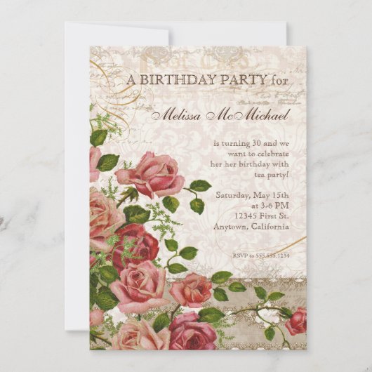 Tea Party Birthday Invite, Trellis Roos Kaart (Voorkant)