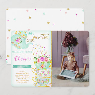 Tea Party Birthday Photo Invitation Kaart