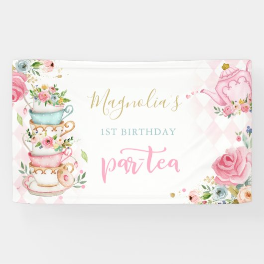 Tea Party Birthday Pink Floral Par-tea Welcome Spandoek (Horizontaal)
