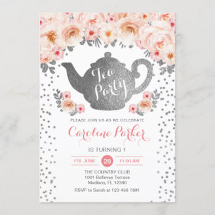 Tea Party Birthday - Silver White Pink Floral Kaart