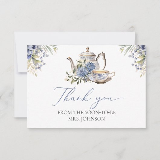 Tea Party Blauw Bloemen Waterverf Vrijgezellenfees Bedankkaart (Voorkant)