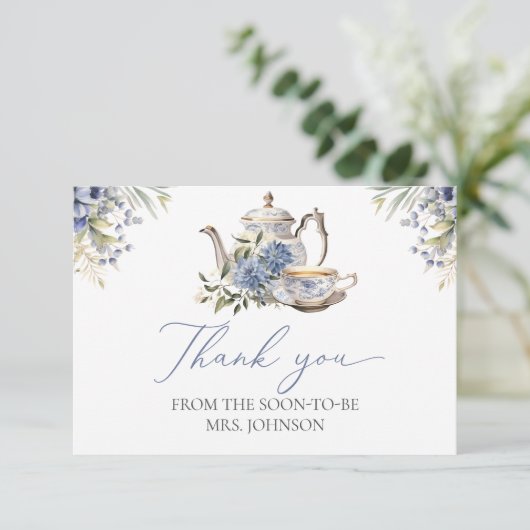 Tea Party Blauw Bloemen Waterverf Vrijgezellenfees Bedankkaart (Staand voorkant)