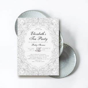Tea Party Elegant Modern BW Kant Lijst Baby shower Kaart