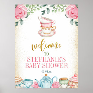 Tea Party Floral Baby shower Affiche de bienvenue