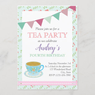 Tea Party Girls Birthday Shabby Chic Aftermiddag T Kaart