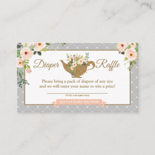 Tea Party Gray Pink Floral Diaper Raffle Ticket Informatiekaartje