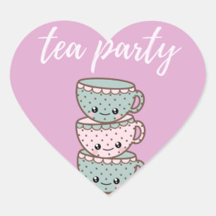Tea Party Illustrated Teacups Pink Hart Sticker