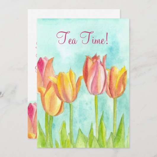 Tea Party Invitation Roze Tulp Waterverf Kunst Kaart (Voorkant / Achterkant)