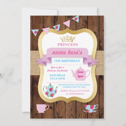 Tea Party Invite Princess Crown Pot Alice Birthday Kaart (Voorkant)