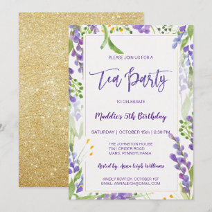Tea Party Lavender Floral & Gold Birthday Girl Kaart