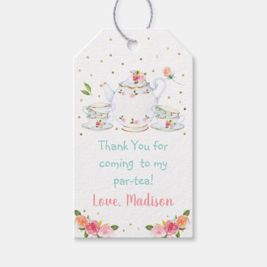 Tea Party Pink Gold Floral Birthday Cadeaulabel (Voorkant)