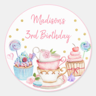 Tea Party Pink Gold Floral Birthday Ronde Sticker