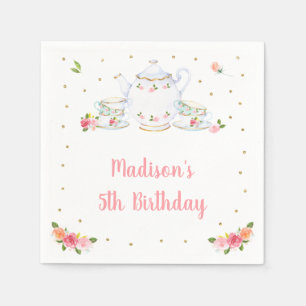 Tea Party Pink Gold Floral Birthday Servet
