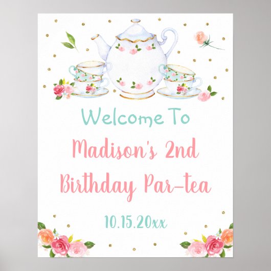Tea Party Pink Gold Floral Birthday Welkom Poster (Voorkant)