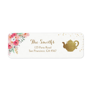 Tea party Return Address Label Teapot gold Floral