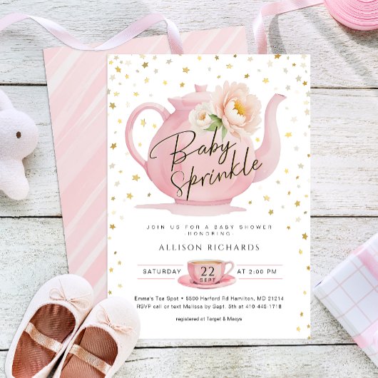 Tea Party rose Bébé saupoudrer Invitation