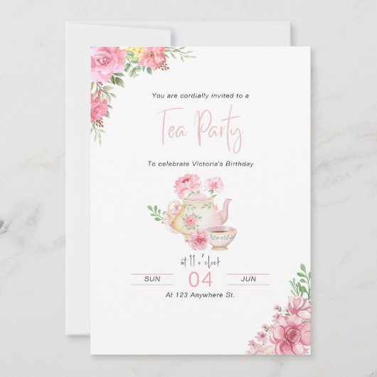 Tea Party rose Floral Invitation Anniversaire (Devant)