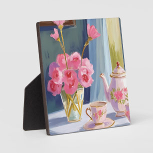 Tea Party Roze Bloemen Schilderen Bloemenkunst Fotoplaat