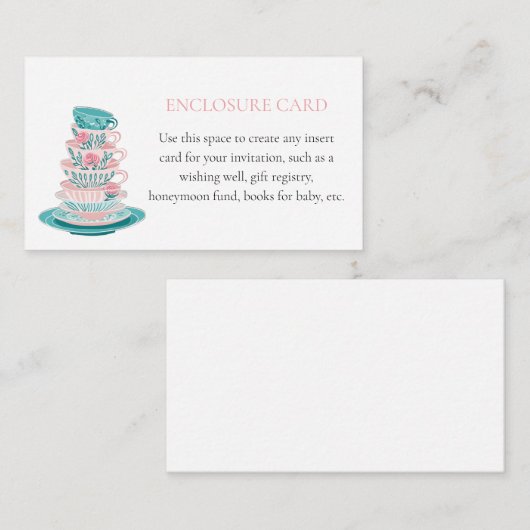 Tea Party Roze en Blauwgroen Teacups Custom Informatiekaartje (Voorkant / Achterkant)