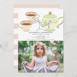 Tea Party Tea Pot & Cups Girl Birthday Foto Kaart