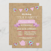 Tea Party Teapot Alice in Wonderland Burlap nodigt Kaart (Voorkant / Achterkant)