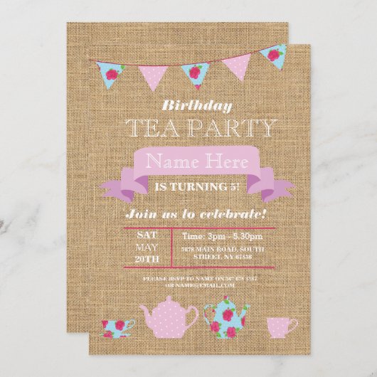 Tea Party Teapot Alice in Wonderland Burlap nodigt Kaart (Voorkant / Achterkant)