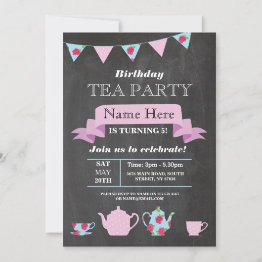Tea Party Teapot Alice in Wonderland Chalk Invite Kaart (Voorkant)