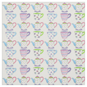 Tea Party Time Pastel Teacups Cups Teapots Print Stof