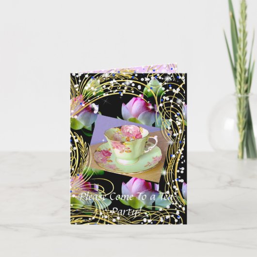 TEA PARTY UITNODIGING - THEECUPS EN BLOEMEN (Voorkant)