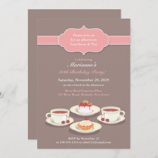 Tea Party Verjaardagsfeest Platte Uitnodiging (Voorkant / Achterkant)
