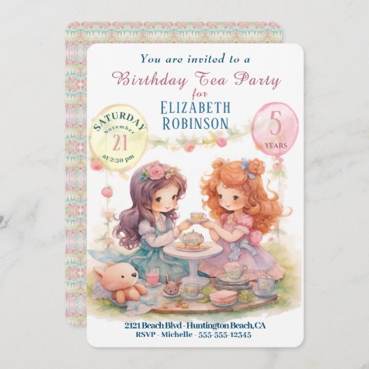 Tea Party verjaardagsfeestje uitnodiging (Voorkant / Achterkant)