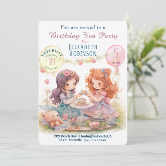 Tea Party verjaardagsfeestje uitnodiging (Staand voorkant)