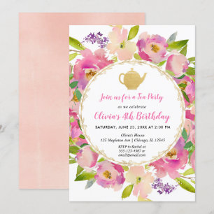 Tea Party verjaardagsuitnodiging, floral blush roz Kaart