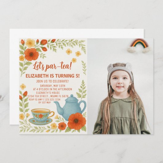 Tea Party Verjaardagsuitnodiging met Elegant Kaart (Voorkant / Achterkant)