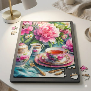 Tea Party vintage Pink Peonies Jigsaw Puzzle