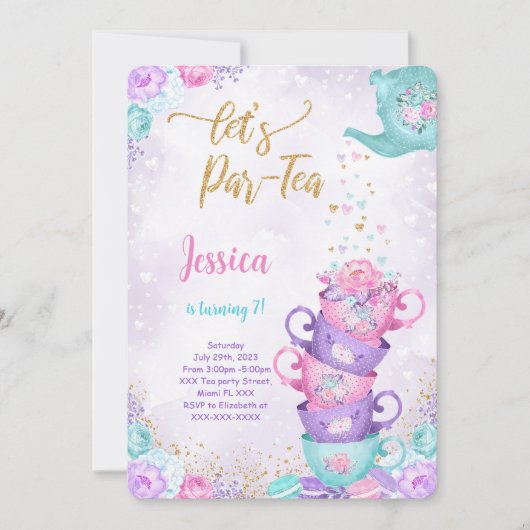 Tea Party violet et rose Invitation Anniversaire (Devant)