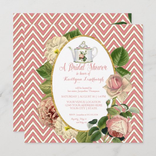 Tea Party Vrijgezellenfeest Chevron Stripes Roos Kaart (Voorkant / Achterkant)