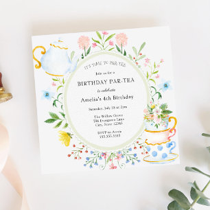 Tea Party Whimsical Wildflower Birthday Invitation Kaart