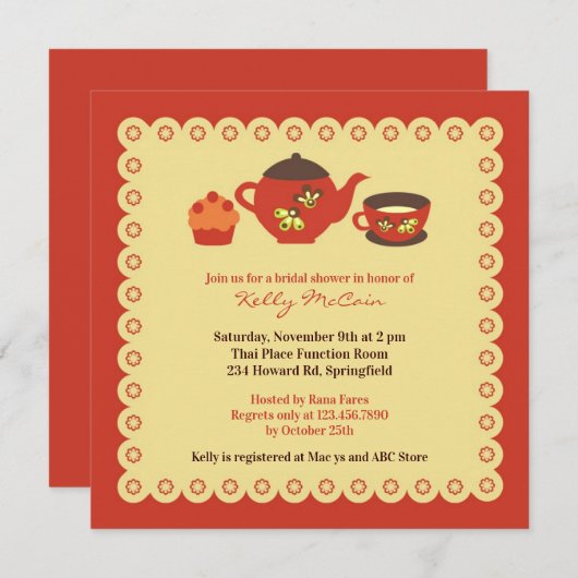 Tea Pot Party Fête des mariées plat Invitation (Devant / Derrière)