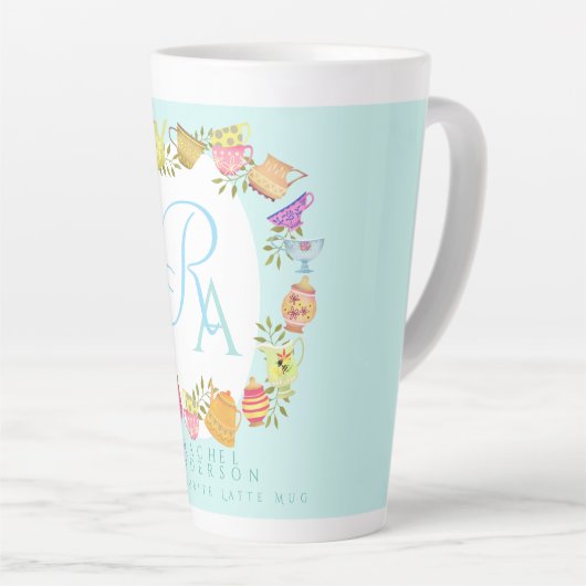 Tea Pots and Cups Monogram Pastel Blue Mug Latte Mok (Rechterhoek)